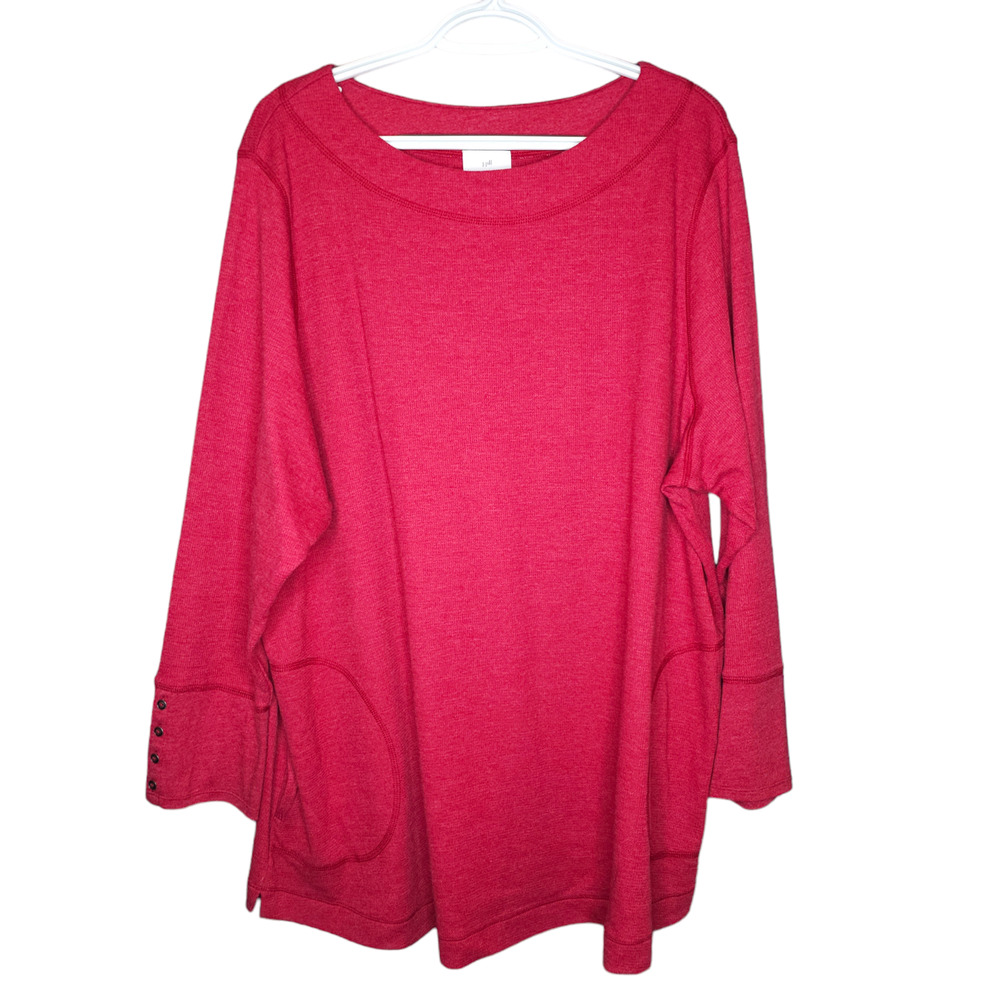 J Jill Red Tunic Sweater Womens Sz 3X Long Sleeve Boat Neck Pullover Pockets